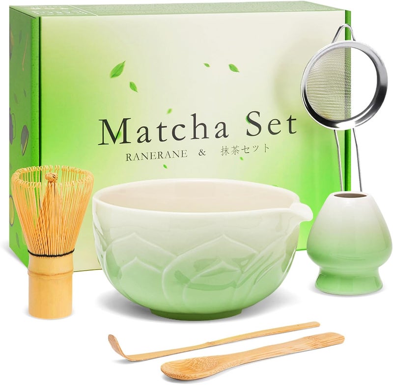 RANERANE Matcha Whisk Set, Lotus Gradient Green Ceramic Matcha Set Includes Matcha Bowl, Matcha Whisk (Chasen) and Holder, Sifter, Bamboo Scoop & Spoon - 6 Pcs Matcha Kit for Matcha Lovers - Image 1